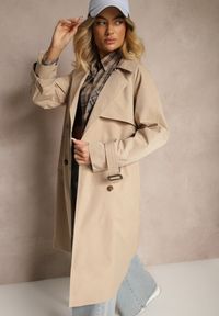 Renee - Beżowy Dwurzędowy Płaszcz Trencz z Paskiem Ninnolia. Okazja: do pracy, na spacer. Kolor: beżowy. Materiał: jeans. Wzór: aplikacja. Styl: klasyczny, elegancki #4