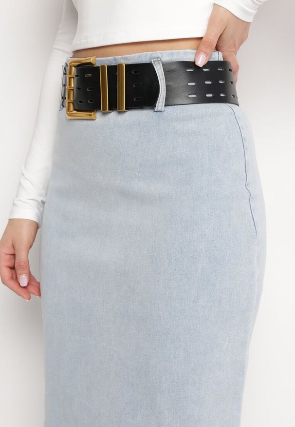 Born2be - Jasnoniebieska Midi Spódnica Ołówkowa Jeansowa z Bawełny z Ażurowym Paskiem Verailla. Kolor: niebieski. Materiał: bawełna, jeans. Wzór: ażurowy. Styl: elegancki