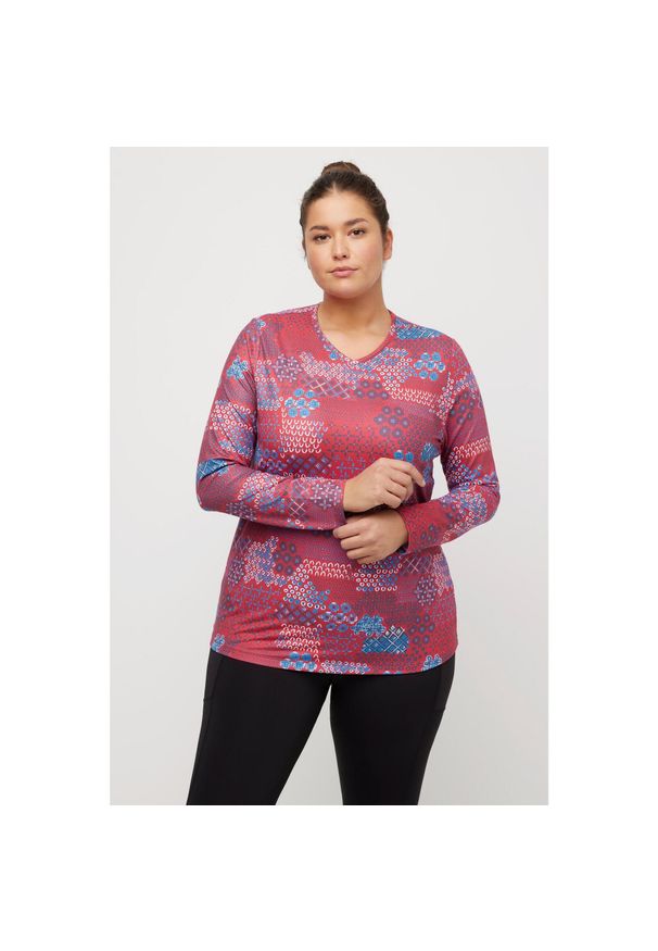 ULLA POPKEN - Damskie Koszulka narciarska wzorzysta dekolt w szpic długi rękaw pętla. Kolekcja: plus size. Kolor: czerwony. Materiał: poliester, materiał, elastan. Długość rękawa: długi rękaw. Długość: długie. Sport: narciarstwo