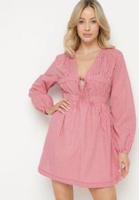 Born2be - Czerwona Sukienka w Drobną Kratkę z Wiązaniem Przy Dekolcie Noemis. Okazja: na co dzień, do pracy. Typ kołnierza: dekolt w kształcie V. Kolor: czerwony. Długość rękawa: długi rękaw. Wzór: kratka. Typ sukienki: proste. Styl: casual #1