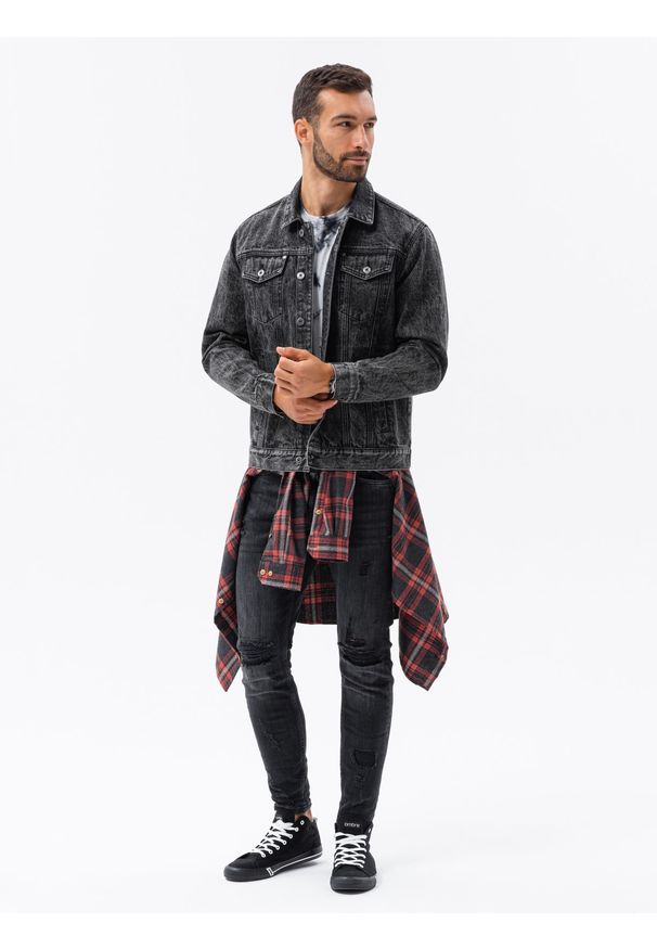 Ombre Clothing - Kurtka męska jeansowa katana - czarna V3 OM-JADJ-0123 - XXL. Kolor: czarny. Materiał: jeans. Styl: klasyczny