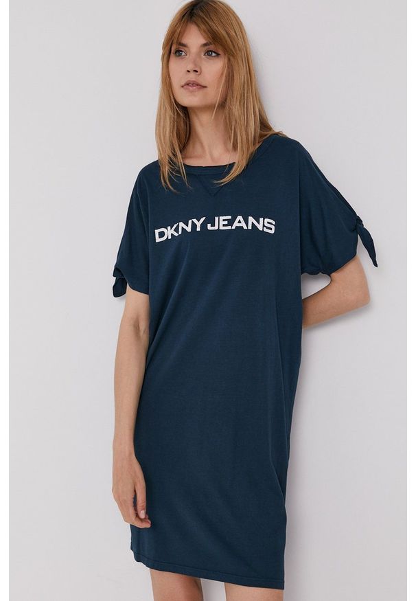 DKNY - Dkny - Sukienka. Kolor: turkusowy. Długość rękawa: krótki rękaw. Wzór: nadruk. Typ sukienki: oversize. Długość: mini