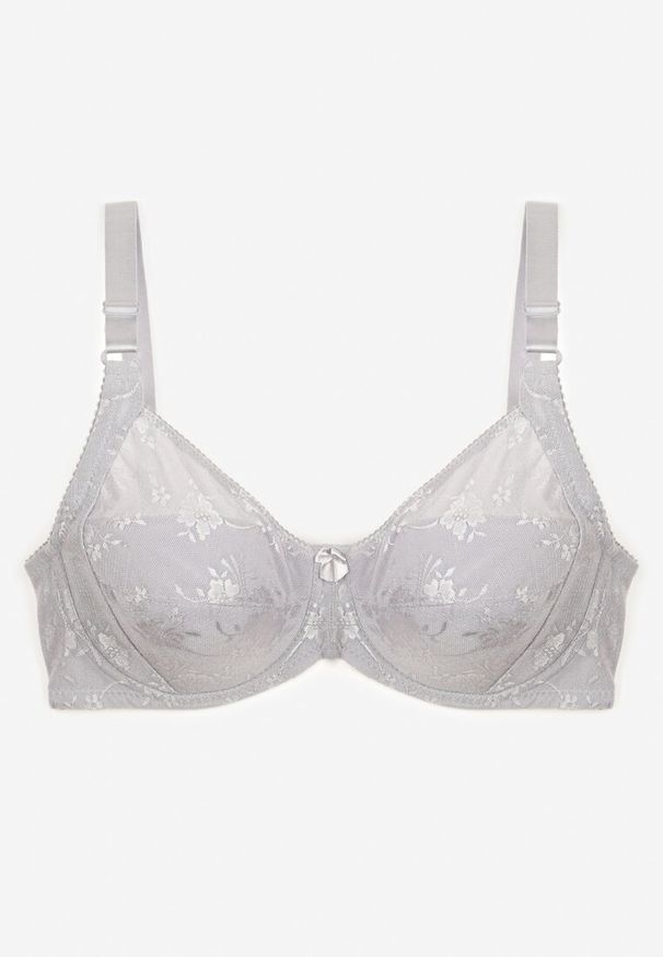 Born2be - Jasnoszary Koronkowy Biustonosz z Regulowanymi Ramiączkami Zapinany na Haftki Missaela. Kolor: szary. Materiał: koronka
