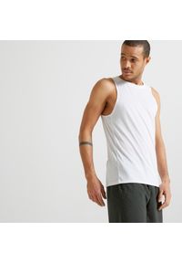 DOMYOS - Koszulka fitness męska Domyos bez rękawów. Kolor: biały. Materiał: materiał, poliester. Długość rękawa: bez rękawów