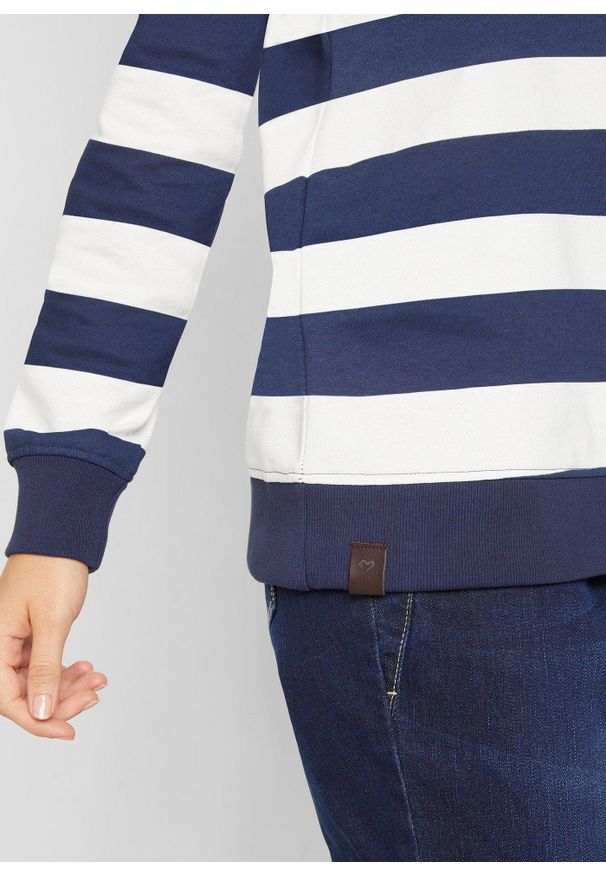 bonprix - Bluza z kapturem z czystej bawełny. Typ kołnierza: kaptur. Kolor: niebieski. Materiał: bawełna. Wzór: paski