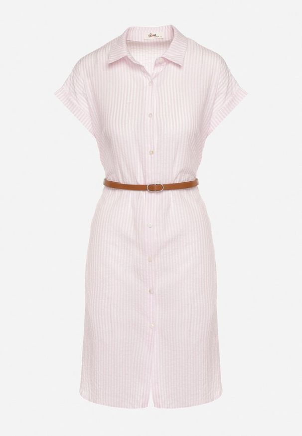 Born2be - Różowa Bawełniana Sukienka Koszulowa z Krótkim Rękawem i Paskiem w Talii Nulefia. Kolor: różowy. Materiał: bawełna. Długość rękawa: krótki rękaw. Typ sukienki: koszulowe. Styl: klasyczny, elegancki