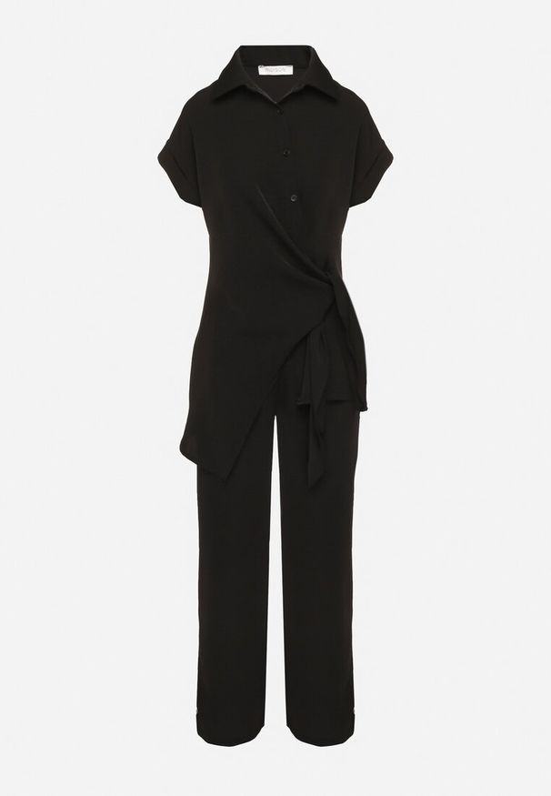 Born2be - Czarny Komplet Koszula z Asymetrycznym Wiązaniem i Szerokie Spodnie Filivara. Kolor: czarny