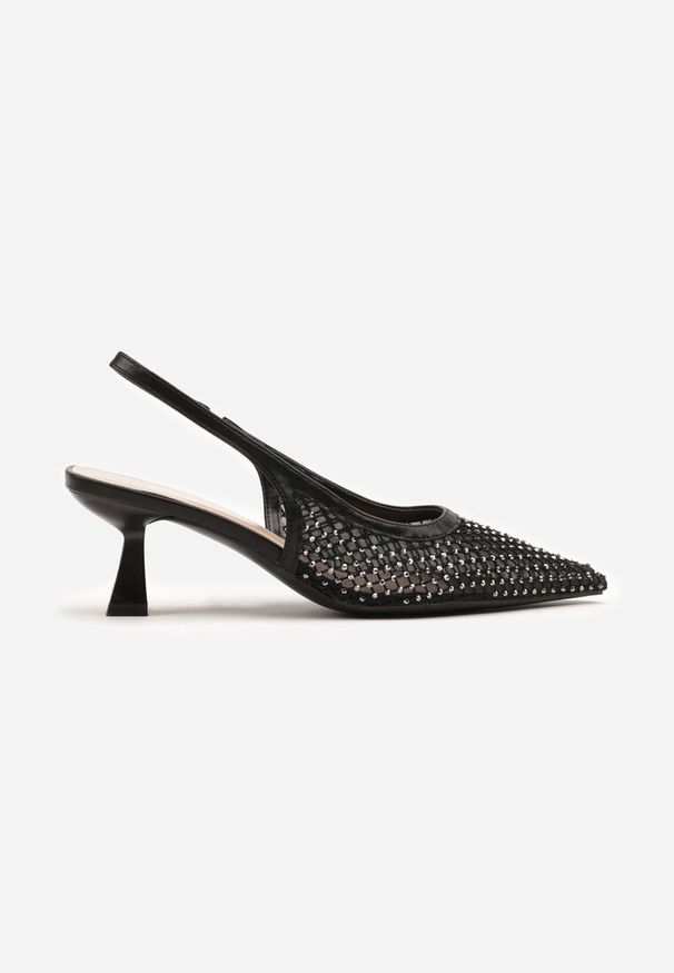 Renee - Czarne Sandały na Kaczuszce Slingback z Siateczkową Cholewką i Cyrkoniami Ridirana. Zapięcie: sprzączka. Kolor: czarny. Wzór: aplikacja. Sezon: lato. Obcas: na szpilce. Styl: elegancki. Wysokość obcasa: średni