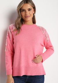 Born2be - Różowy Sweter z Dodatkiem Modalu i Wiskozy z Perłami i Cekinami na Ramionach Ivenise. Kolor: różowy. Materiał: wiskoza. Sezon: zima #6