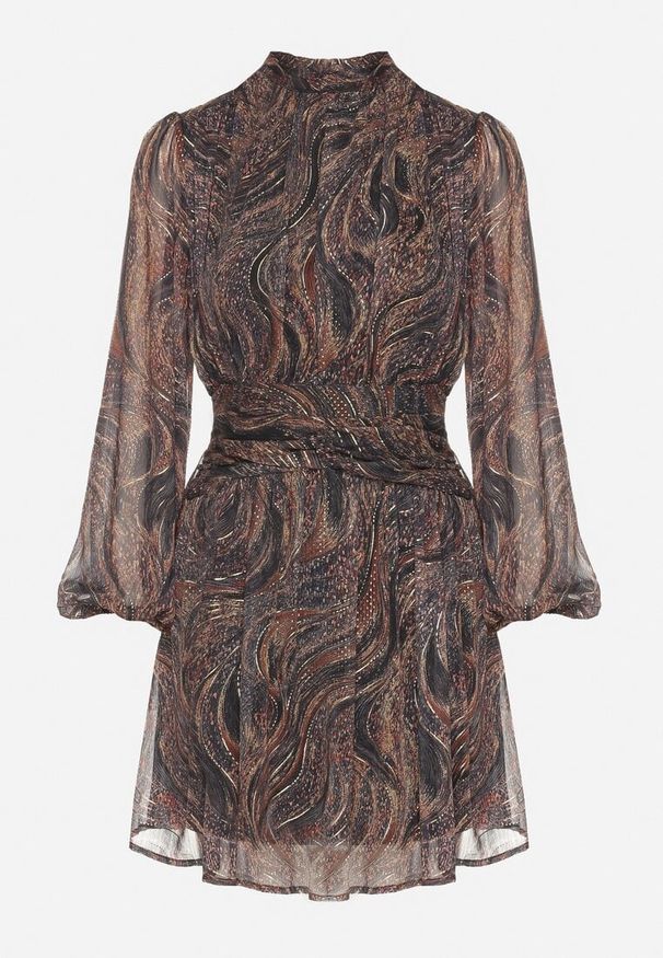 Born2be - Czarno-Beżowa Rozkloszowana Sukienka Taliowana ze Stójką i Transparentnymi Rękawami Labran. Okazja: na co dzień. Typ kołnierza: kołnierzyk stójkowy. Kolor: czarny. Typ sukienki: rozkloszowane. Styl: casual, elegancki