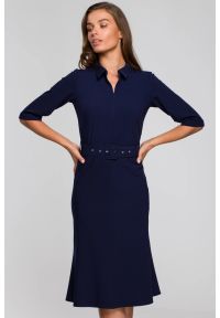 Stylove - Elegancka sukienka koszulowa z kołnierzykiem paskiem granat. Okazja: na spotkanie biznesowe, do pracy. Typ sukienki: koszulowe. Styl: elegancki #3