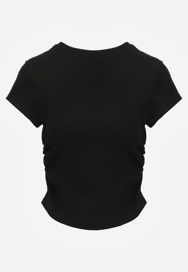 Born2be - Czarny Bawełniany T-shirt w Prążki o Dopasowanym Kroju z Marszczeniem Cherita. Okazja: na co dzień. Kolor: czarny. Materiał: bawełna. Wzór: prążki. Styl: casual, sportowy