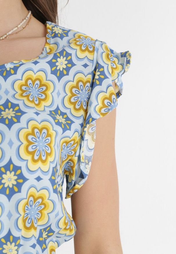 Born2be - Niebiesko-Żółta Bawełniana Sukienka Mini z Gumką w Talii Caara. Kolor: niebieski. Materiał: bawełna. Długość: mini