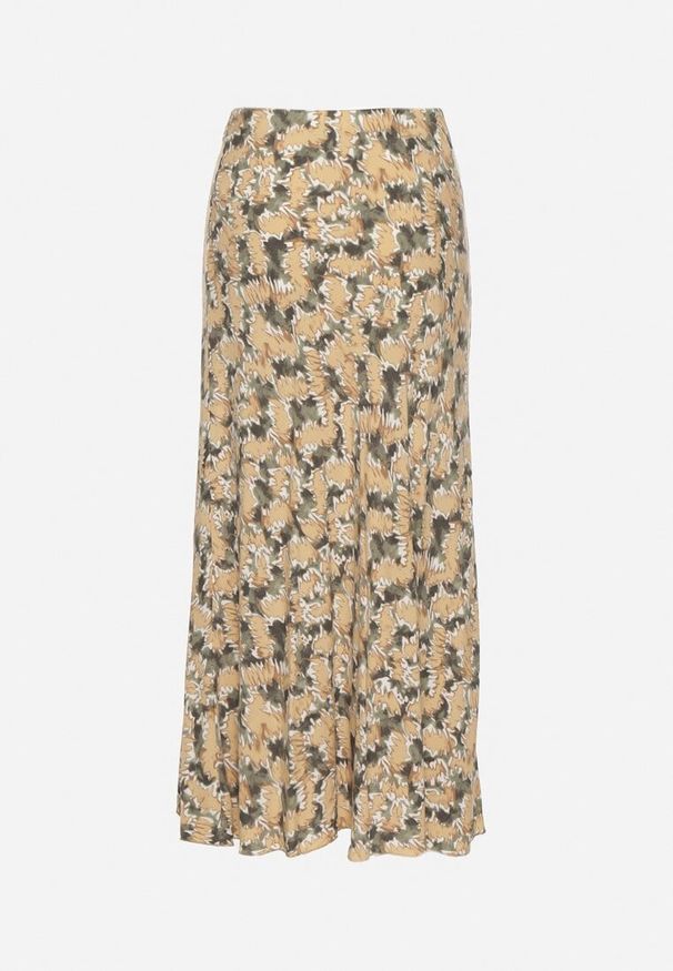 Born2be - Zielono-Beżowa Wiskozowa Spódnica o Rozkloszowanym z Wysokim Stanem Fevenore. Okazja: na co dzień. Stan: podwyższony. Kolor: zielony. Materiał: wiskoza. Styl: elegancki, casual