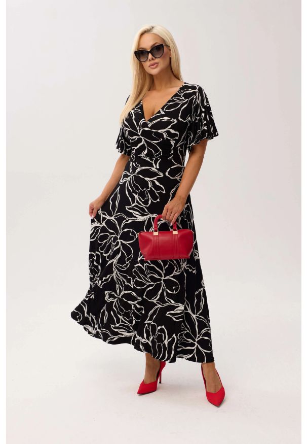 Moda Size Plus Iwanek - Sukienka kopertowa Valencia Mono MAXI z falującym rękawem i kobiecym dekoltem PLUS SIZE XXL OVERSIZE WIOSNA LATO. Okazja: na wesele, na co dzień, na komunię, na ślub cywilny, na imprezę. Kolekcja: plus size. Materiał: materiał, skóra, tkanina, elastan, wiskoza. Wzór: kolorowy, nadruk, kwiaty. Sezon: lato, wiosna. Typ sukienki: oversize, kopertowe, dla puszystych. Styl: wakacyjny, elegancki, casual. Długość: maxi