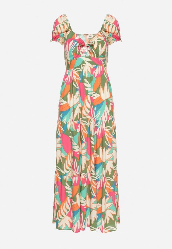 Born2be - Zielona Wiskozowa Sukienka w Kwiaty z Wiązaniem przy Dekolcie i Falbanką Meviera. Okazja: na spacer, na randkę, na co dzień. Kolor: zielony. Materiał: wiskoza. Wzór: kwiaty. Sezon: lato. Styl: casual