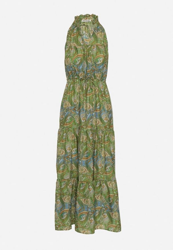 Born2be - Zielona Rozkloszowana Sukienka z Gumkami w Talii Wiązana przy Dekolcie Vrisa. Okazja: na co dzień. Typ kołnierza: dekolt w kształcie V. Kolor: zielony. Sezon: lato. Typ sukienki: rozkloszowane. Styl: casual, elegancki