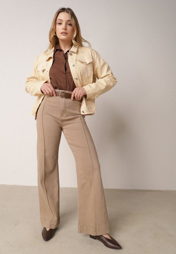 Born2be - Beżowe Szerokie Jeansy z Bawełny z Wysokim Stanem i Pionowymi Przeszyciami Keperise. Okazja: na co dzień. Stan: podwyższony. Kolor: beżowy. Styl: casual, elegancki, klasyczny