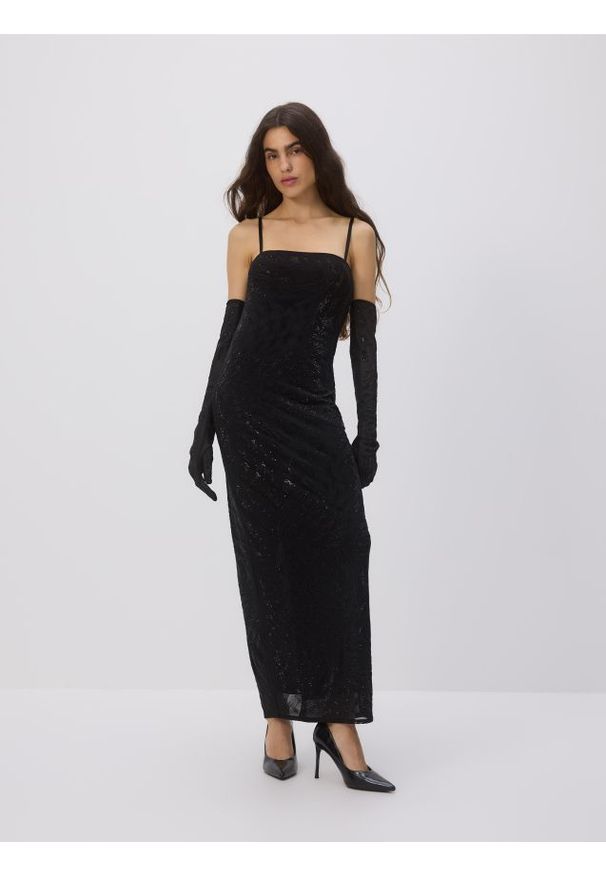 Reserved - Sukienka tuba z rękawiczkami - czarny. Kolor: czarny. Materiał: dzianina