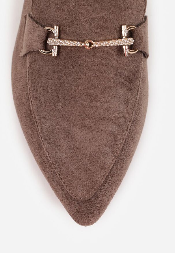 Renee - Ciemnobeżowe Mokasyny Vices ze Szpiczastym Noskiem Zdobione Aplikacją Rilosia. Okazja: na co dzień, do pracy, na spotkanie biznesowe. Nosek buta: szpiczasty. Kolor: beżowy. Materiał: jeans, skóra. Wzór: aplikacja. Styl: casual, biznesowy, elegancki