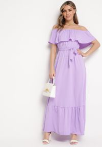 Born2be - Fioletowa Sukienka o Rozkloszowanym Fasonie z Hiszpańskim Dekoltem i Materiałowym Paskiem Nacara. Okazja: na co dzień. Kolor: fioletowy. Materiał: materiał. Długość rękawa: krótki rękaw. Sezon: lato. Typ sukienki: proste. Styl: casual #5