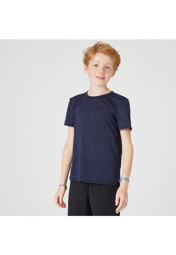 DOMYOS - Koszulka z krótkim rękawem dziecięca Domyos 500. Kolor: niebieski. Materiał: materiał, poliester, elastan. Długość rękawa: krótki rękaw. Długość: krótkie
