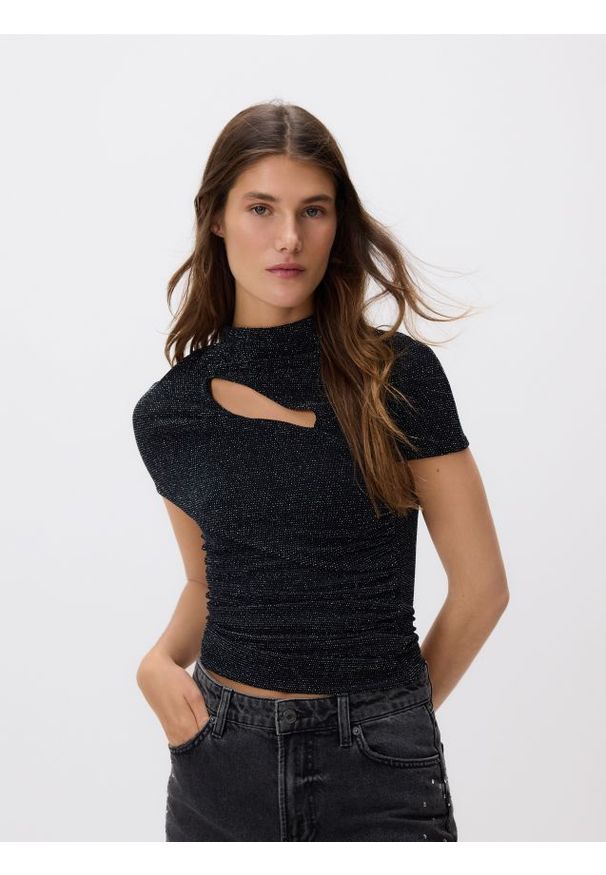 Reserved - T-shirt z metalicznym efektem - czarny. Kolor: czarny. Materiał: dzianina