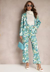 Renee - Niebiesko-Białe Spodnie w Kwiatowy Print High Waist z Szeroką Nogawką Lastaria. Stan: podwyższony. Kolor: niebieski. Materiał: tkanina. Wzór: kwiaty, nadruk