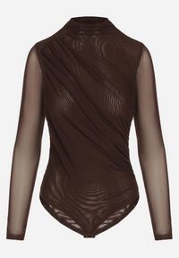 Born2be - Brązowe Siateczkowe Body z Dodatkiem Wiskozy z Długim Rękawem i Stójką Lianasia. Okazja: na co dzień. Typ kołnierza: kołnierzyk stójkowy. Kolor: brązowy. Materiał: wiskoza. Długość rękawa: długi rękaw. Długość: długie. Styl: casual #5