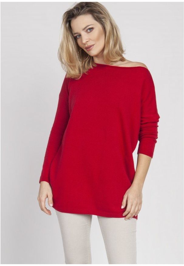 MKM - Oversizowy Sweter z Szerokim Dekoltem - Czerwony. Kolor: czerwony. Materiał: wiskoza, akryl