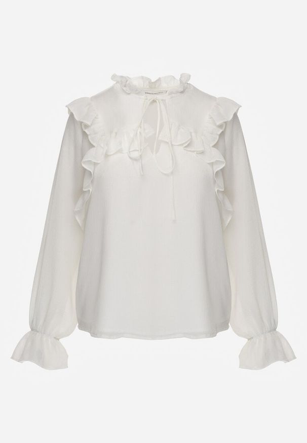 Renee - Biała Bluzka w Stylu Coquette z Falbankami i Wiązaniem przy Szyi Seathrina. Typ kołnierza: kołnierz z falbankami. Kolor: biały. Materiał: jeans, poliester