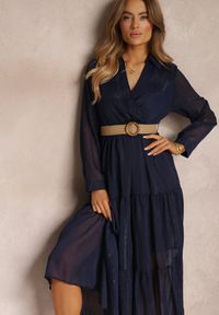 Renee - Granatowa Sukienka z Kopertowym Dekoltem i Plecionym Paskiem Velo. Kolor: niebieski. Materiał: tkanina. Typ sukienki: kopertowe #4