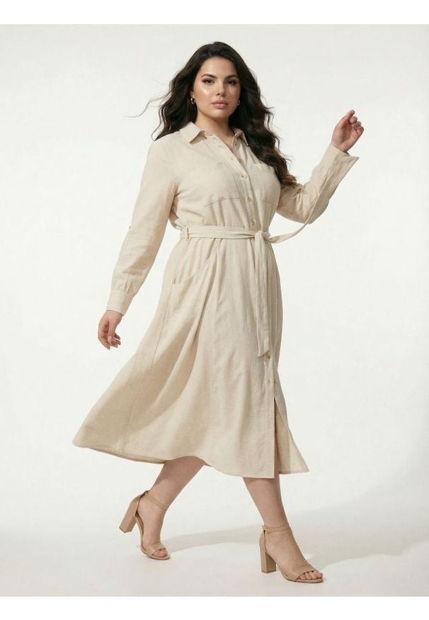 Sinsay - Wiskozowa sukienka koszulowa z domieszką lnu - kremowy. Kolor: kremowy. Materiał: wiskoza, len. Typ sukienki: koszulowe