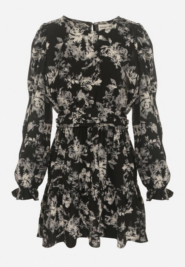 Born2be - Czarna Rozkloszowana Sukienka o Kwiatowym Wzorze z Falbanką i Gumką w Talii Sarasila. Kolor: czarny. Wzór: kwiaty