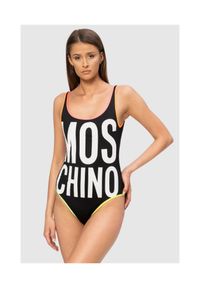MOSCHINO Czarny jednoczęściowy strój kąpielowy z neonowymi lamówkami, Rozmiar XS. Kolor: czarny. Wzór: aplikacja, nadruk