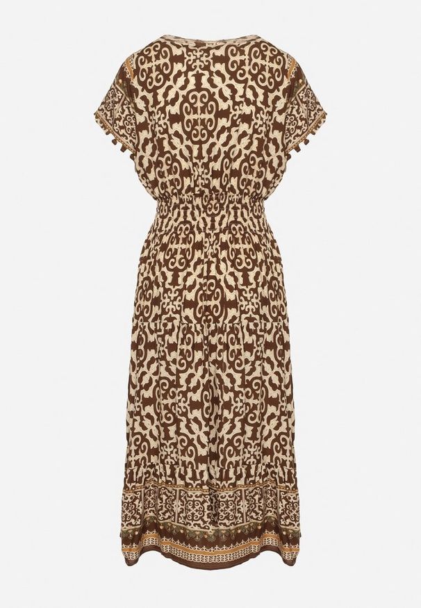 Born2be - Brązowa Bawełniana Sukienka z Guzikami i Ornamentnym Wzorem Zisselle. Kolor: brązowy. Materiał: bawełna