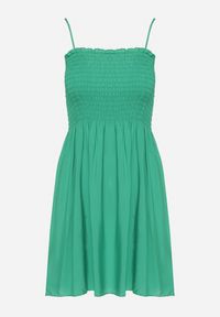 Born2be - Zielona Bawełniana Sukienka na Ramiączkach z Marszczonym Dekoltem Krisele. Okazja: na randkę, na spacer, na co dzień. Kolor: zielony. Materiał: bawełna. Długość rękawa: na ramiączkach. Sezon: lato. Typ sukienki: proste. Styl: casual #5