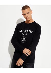 Balmain - BALMAIN - Bluza z wytłoczonym logo. Okazja: na co dzień. Kolor: czarny. Materiał: materiał, prążkowany. Styl: casual, vintage
