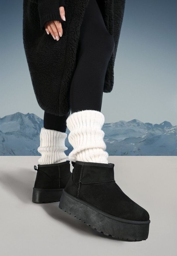 Born2be - Czarne Śniegowce na Platformie Sireella. Okazja: na co dzień. Kolor: czarny. Materiał: jeans. Obcas: na platformie. Styl: casual, sportowy