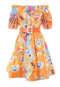 Born2be - Pomarańczowa Sukienka Satynowa Theophanthe. Okazja: na ślub cywilny, na wesele. Typ kołnierza: dekolt hiszpanka. Kolor: pomarańczowy. Materiał: satyna. Wzór: aplikacja, kolorowy. Długość: mini #5