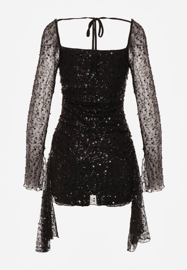 Renee - Czarna Dopasowana Sukienka VICES Zdobiona Cekinami i Wiązaniem Alethrolphi. Kolor: czarny. Wzór: aplikacja. Styl: elegancki, klasyczny