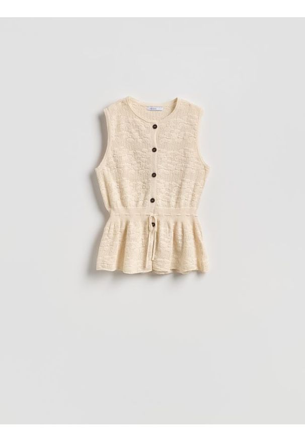 Reserved - Ażurowa bluzka z baskinką - kremowy. Kolor: kremowy. Materiał: dzianina, bawełna. Wzór: ażurowy