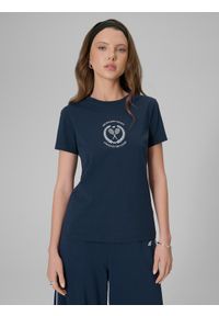 4f - 4F T-shirt slim z nadrukiem damski - granatowy S. Okazja: na spacer, na co dzień. Kolor: niebieski. Materiał: bawełna, jeans, materiał. Wzór: nadruk. Styl: casual #1