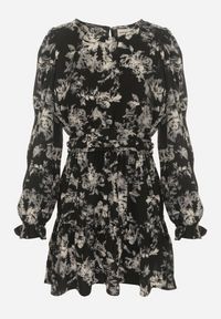 Born2be - Czarna Rozkloszowana Sukienka o Kwiatowym Wzorze z Falbanką i Gumką w Talii Sarasila. Kolor: czarny. Wzór: kwiaty #6