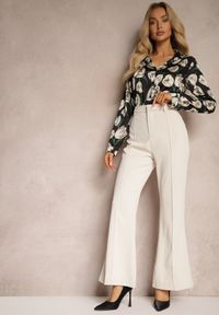 Renee - Beżowe Casualowe Spodnie w Stylu Dzwonów High Waist Uinna. Okazja: na co dzień. Stan: podwyższony. Kolor: beżowy. Styl: casual