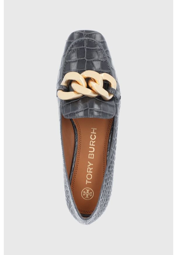 Tory Burch - Mokasyny skórzane. Kolor: szary. Materiał: skóra. Obcas: na obcasie. Wysokość obcasa: niski
