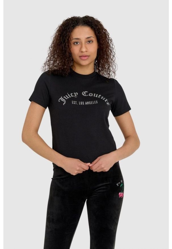 Juicy Couture - JUICY COUTURE Czarny t-shirt damski z diamentowym logo, Rozmiar S. Kolor: czarny