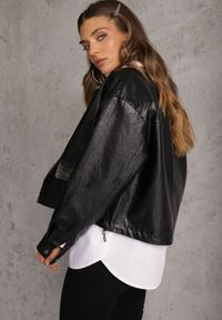 Renee - Czarna Kurtka Ramoneska Bomber z Kieszeniami z Klapami Nealira. Okazja: na co dzień. Kolor: czarny. Materiał: skóra, poliester. Styl: rockowy, casual #1