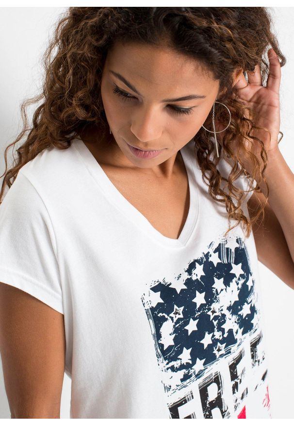 bonprix - T-shirt z czystej bawełny. Kolor: biały. Materiał: bawełna. Długość rękawa: krótki rękaw. Długość: krótkie. Wzór: nadruk