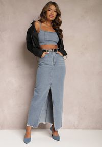 Renee - Niebieska Spódnica Jeansowa Maxi z Paskiem Mullese. Stan: podwyższony. Kolor: niebieski. Materiał: jeans. Styl: klasyczny